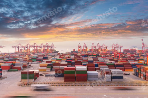 Preview: container port in sunset