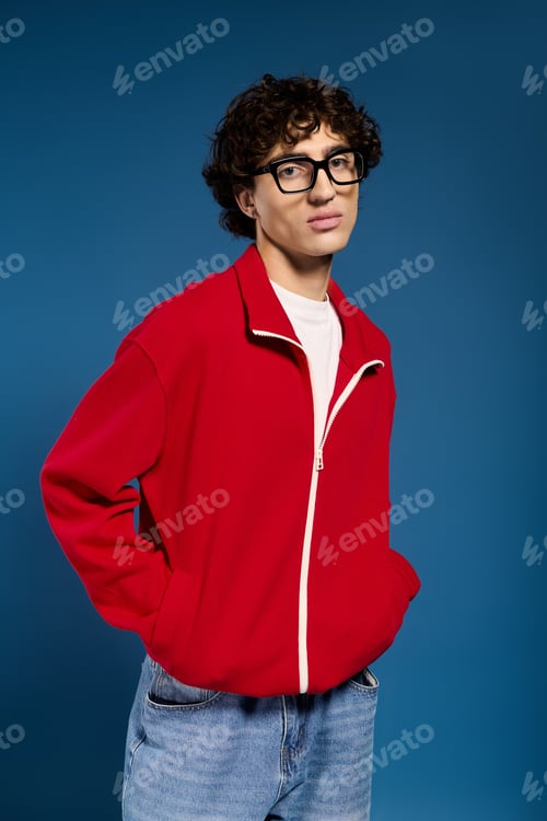 Preview: Stylish young man showcases modern fashion against a vibrant blue backdrop in a casual pose