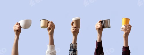 Preview: the many different people's hands hold raised up hot drink cups