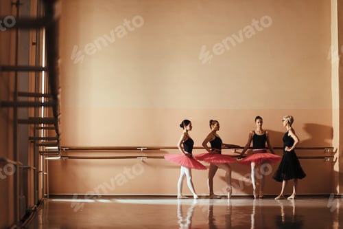 Preview: Group of ballerinas talking with their ballet instructor at dance studio.
