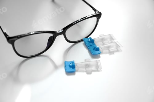 Preview: Single dose eye drops and glasses on white table