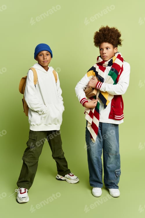 Preview: Stylish little boys enjoying friendship in vibrant outfits and playful poses together