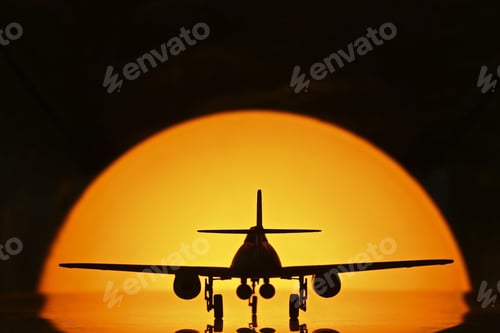 Preview: Silhouette of a plane with the sunset in the background