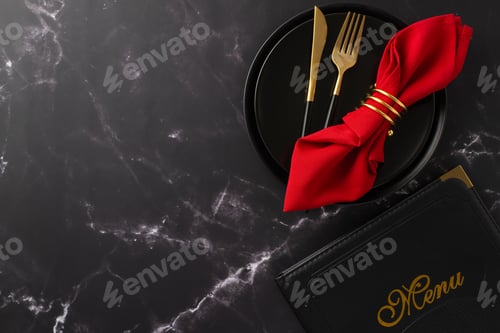 Preview: New Year's Eve dinner at a restaurant. Overhead shot of celebratory plates, elegant silverware