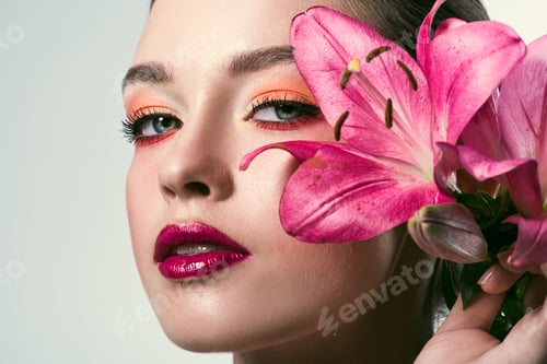 Preview: close-up portrait of beautiful young woman with stylish makeup and pink lilium flowers isolated on