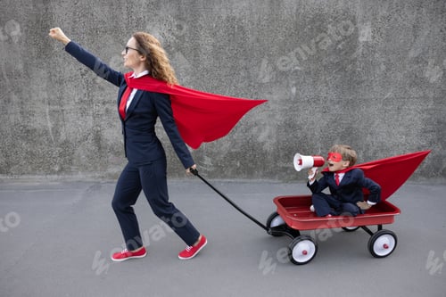 Preview: Happy woman and child going to work outdoor