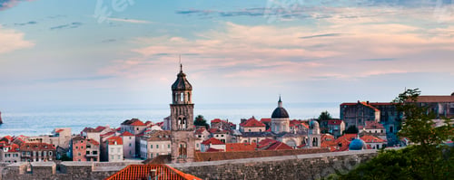 Preview: Panoramic photo of Dominican Monastery and Dubrovnik Cathedral at sunset, Dubrovnik Old Town, Croati