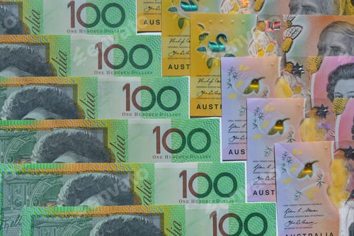 Preview: Australian $100, $50 and $5 banknotes. Finance and banking, creative concept. Flat lay photography