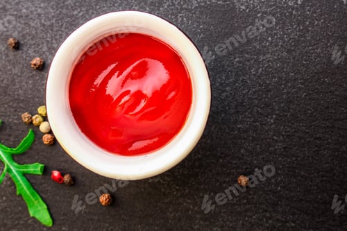 Preview: Tomato Sauce In A Gravy Boat On The Table (Sugo Or Ketchup) Menu Concept. Background. Top View
