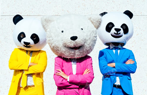 Preview: Storytelling image of a couple wearing giant panda head