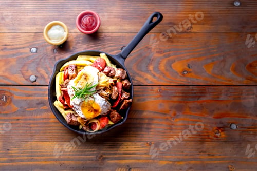 Preview: CHILEAN CHORRILLANA french fries topped with beef sliced chorrisos, fried onion and eggs