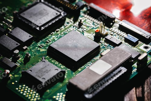 Preview: Computer circuit board closeup. CPU, processor, electronic components and wiring