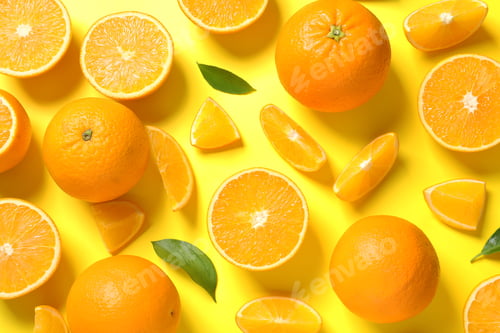 Preview: Flat lay composition with ripe oranges on color background