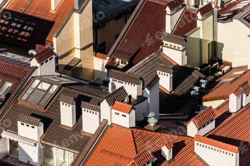 Preview: aerial view of houses with colorful tiled roofs in lviv, ukraine