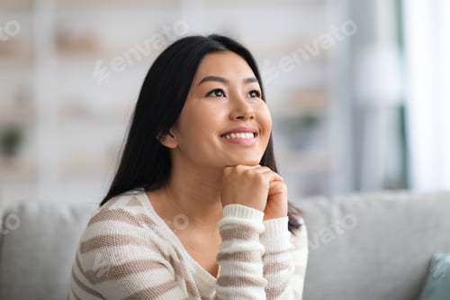 Preview: Portrait Of Dreamy Young Beautiful Asian Lady Relaxing In Domestic Interior