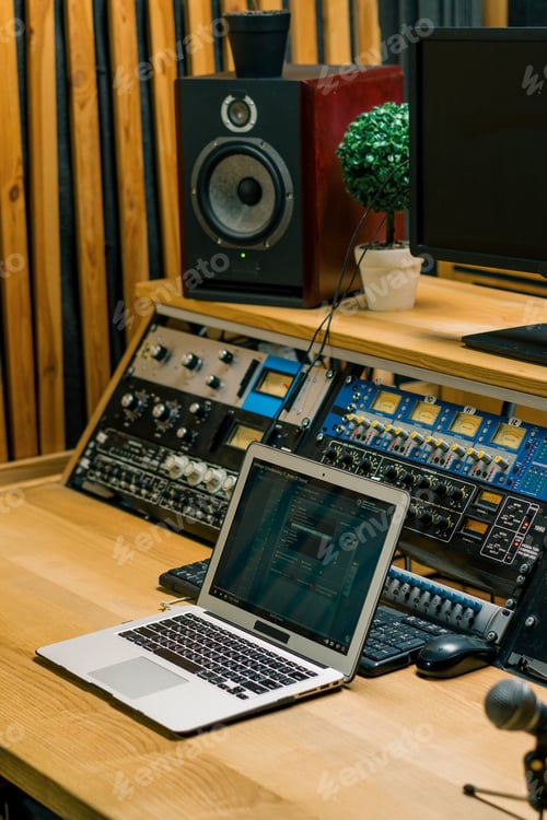 Preview: A recording studio control panel mixer with an equalizer faders buttons for broadcasting recording