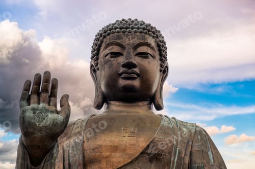 Preview: Tian Tan big buddha bronze statue with colorful sky in Hong Kong