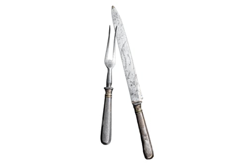 Preview: Vintage butcher meat fork and knife with cloth towel on wooden table. Isolated, white background.