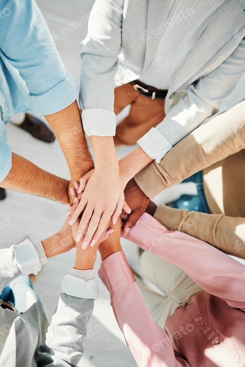 Preview: Teamwork, hands and support of business people in collaboration from above for integration, trust o