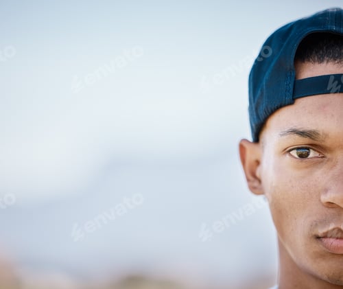 Preview: Portrait, half and mockup with a sports black man looking serious outdoor for fitness, exercise or
