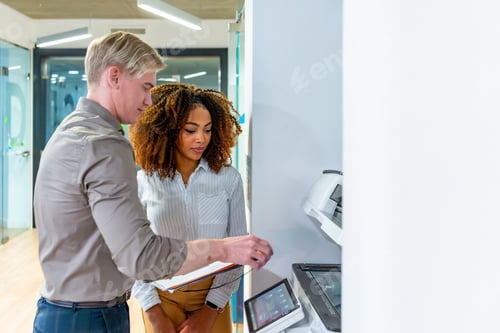 Preview: Office workers using multifunction printer in coworking space