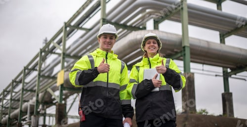 Preview: Engineers wearing safety gear, including hard hats examining survey a large blueprint tablet standin