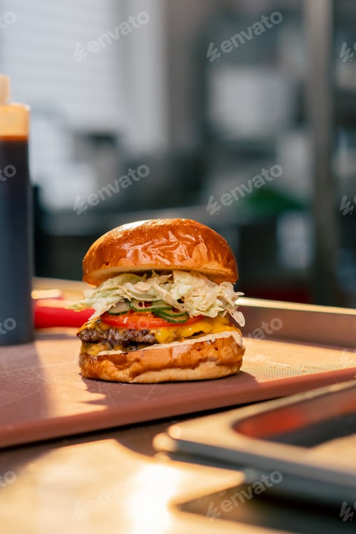 Preview: close-up of a ready-made large burger with beef in the kitchen of establishment lying on the table