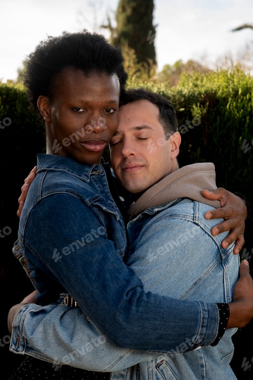 Preview: Interracial gay couple embracing in outdoor setting