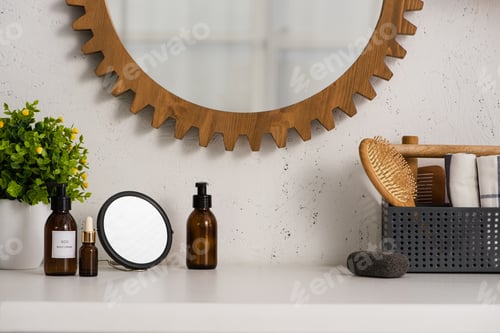 Preview: Box with comb, hairbrush and towels near cosmetic products and flowerpot in bathroom, zero waste