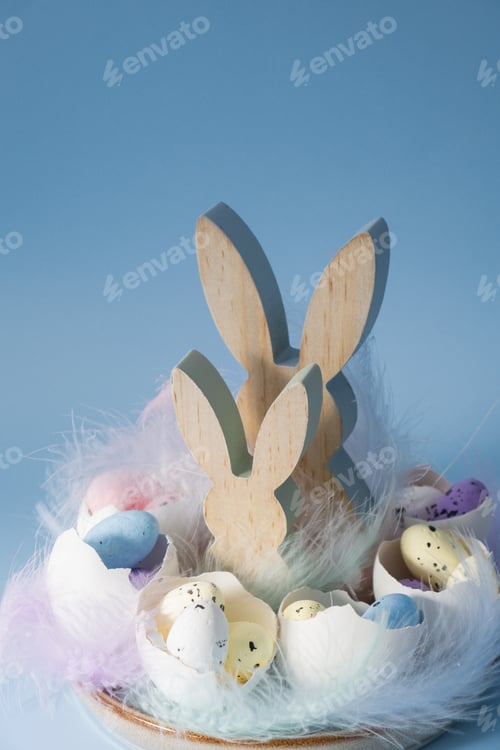 Preview: Easter holiday decoration from sustainable materials egg shell wooden bunnies eggs decor. Copy space