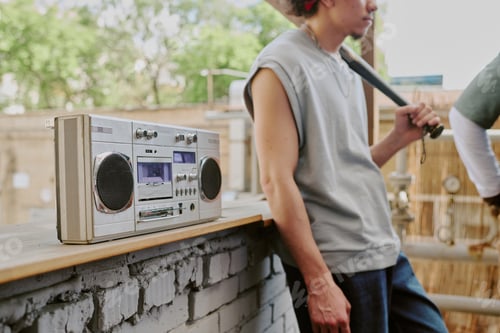 Preview: Old Tape Recorder on Wooden Plank