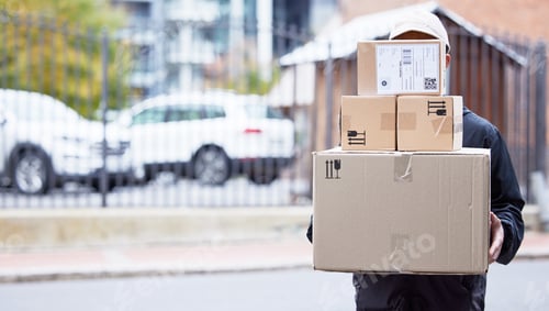 Preview: Courier person, street and walking with boxes, service and delivery in urban city for supply chain