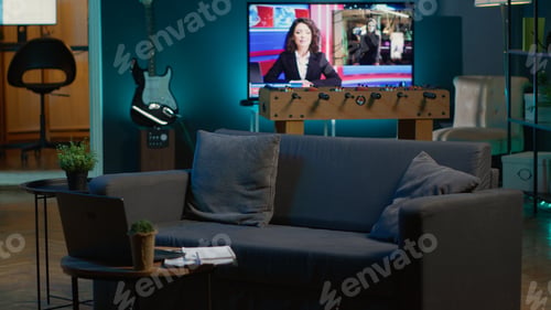 Preview: Empty contemporary apartment with trendy neon lights and a big smart tv
