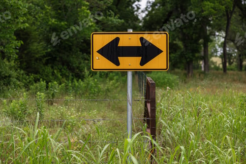 Preview: a yellow sign sitting in tall grass and a fence with trees