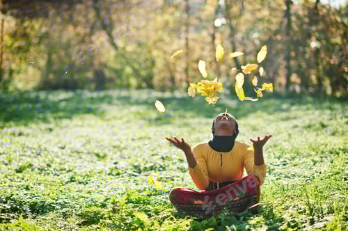 Preview: African american girl at yellow and red dress at autumn fall park.
