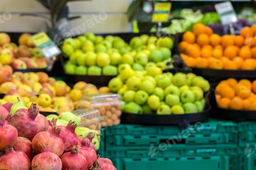 Preview: Fresh organic fruits in greengrocery market place; pomegranate