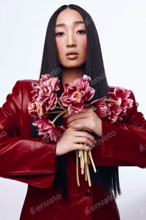 Preview: Portrait of a beautiful woman with long black hair and a red jacket holding a bouquet of flowers in