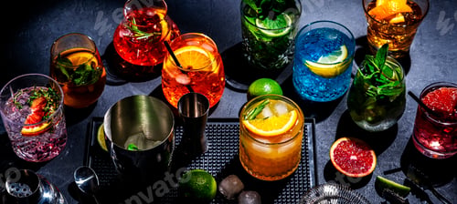 Preview: Alcoholic cocktails, top view. Set of colorful drinks for party. Black background, bar tools