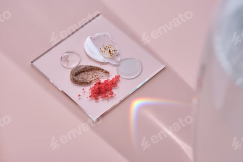 Preview: Different textures of skin care products on a square stand with beautiful caustics.