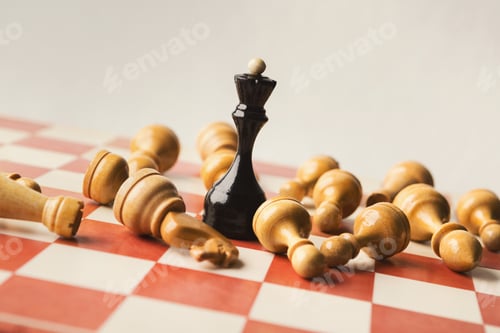 Preview: Black chess queen beats whites on chessboard