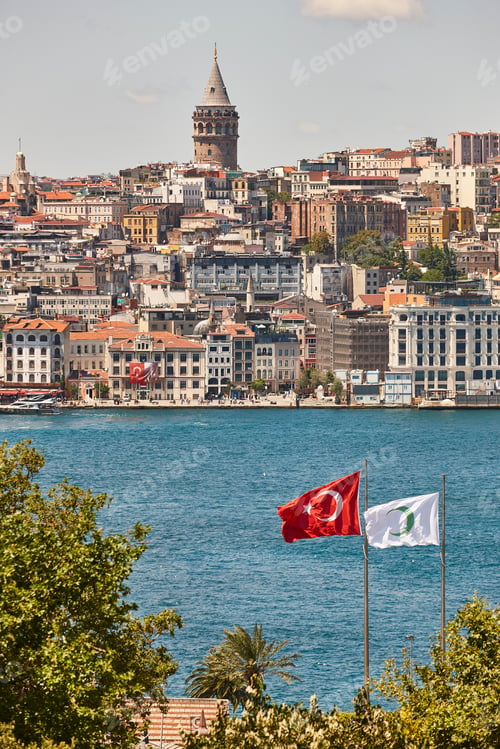 Preview: Galata tower and bosphorus strait in Istanbul skyline. Turkey