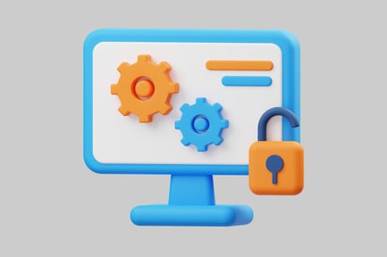 Aperçu: Écran d'ordinateur avec engrenages, barres et serrure.