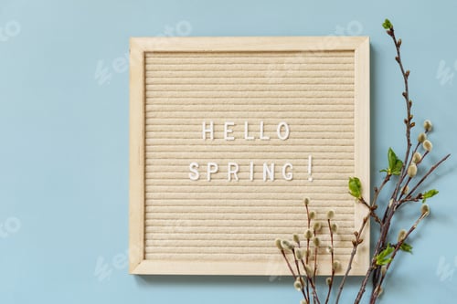 Preview: Letter Board with quote HELLO SPRING and with green branches on a blue background.