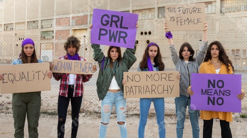 Preview: multiracial feminism activist protest for woman's rights holding signs. Panoramic banner image.