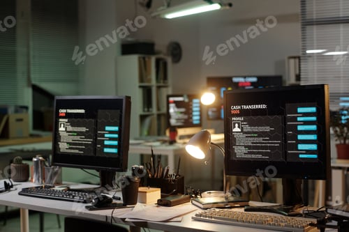 Preview: Computer Monitors Displaying Fraudulent Transactions in Scam Call Center Office