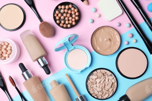 Preview: Flat lay composition with skin foundation, powder and beauty accessories on color background