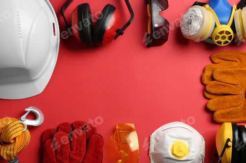 Preview: Flat lay composition with safety equipment and space for text on color background