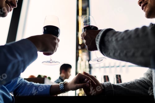 Preview: Low angle view of gay men toasting red wine glasses at bar counter