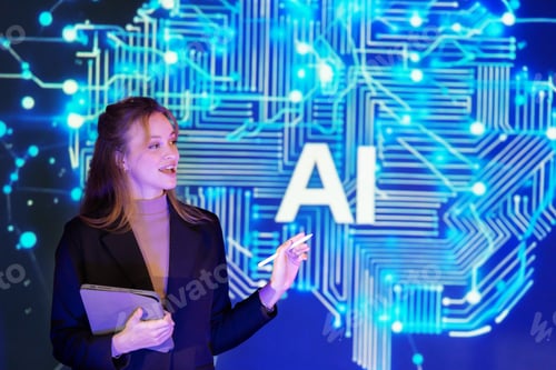 Speaker presents artificial intelligence AI concepts at a technology conference