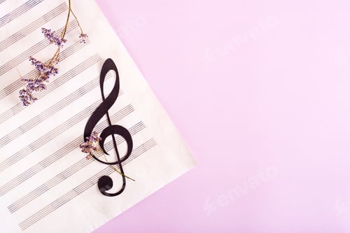 Preview: Paper musical clef on a sheet of music and dried flowers. Top view.
